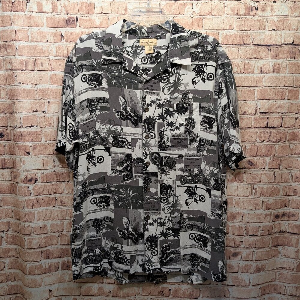 Panama Jack Shirt Hawaiian Motorcycle  100% Rayon Gray and Black Size Large